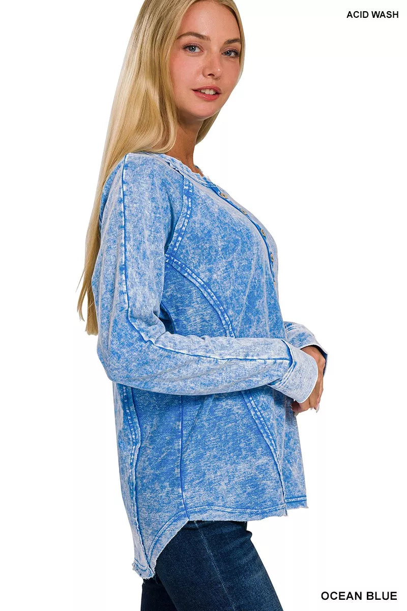 Zenana Washed French Terry Half Button Top