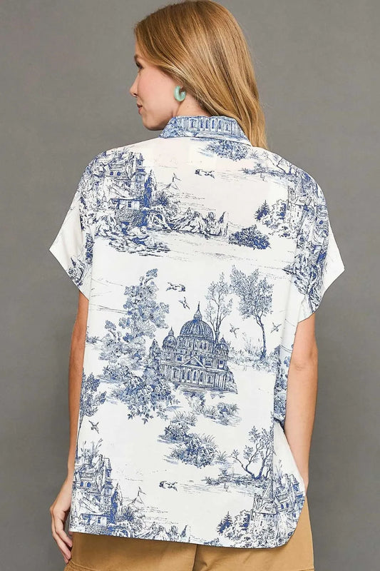Umgee Full Size Two Tone Print Button Up Short Sleeve Shirt Plus Size