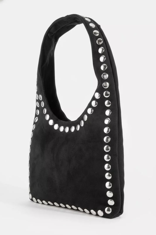 Fame Grommet Border Studded Suede Shoulder Bag