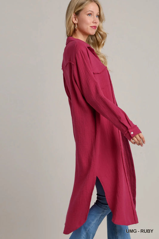 Umgee Cotton Gauze Button Down Shirt Dress