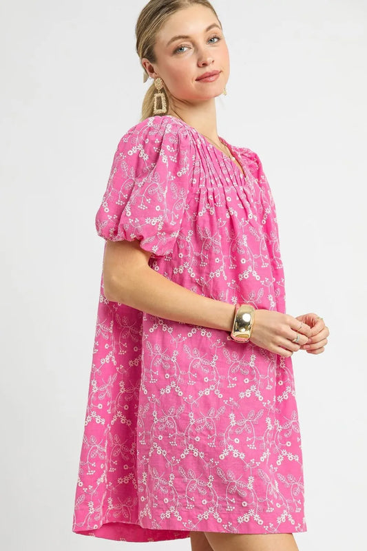 Umgee Floral Puff Sleeve V-Neck Mini Dress
