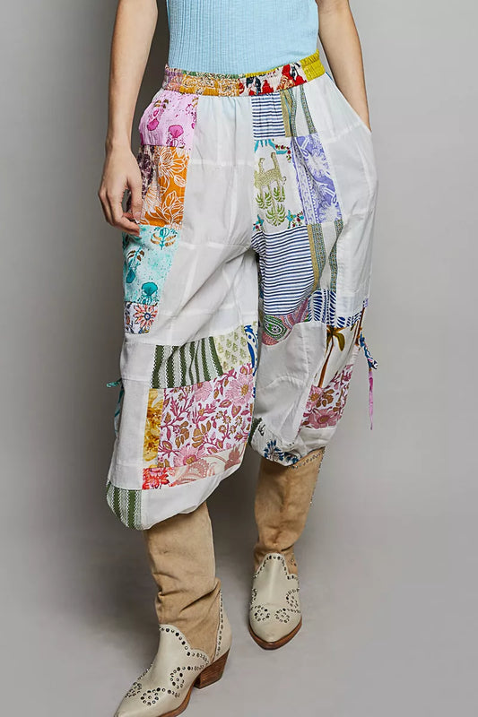 POL Printed Patchwork Wide Leg Pants with Adjustable Side Drawstring