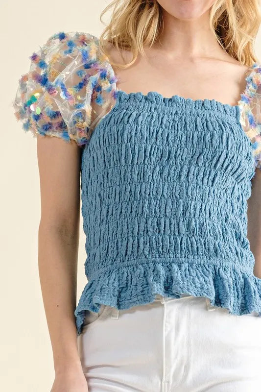 And The Why Embellishment Sleeve Smocked Top