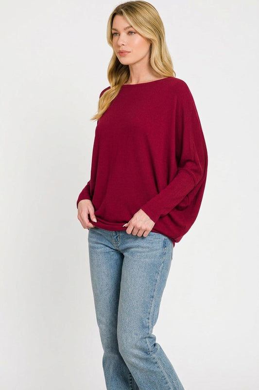 Zenana Hacci Dolman Sleeve Boat Neck Top
