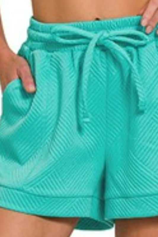 Zenana Textured Knit Jacquard Drawstring Shorts