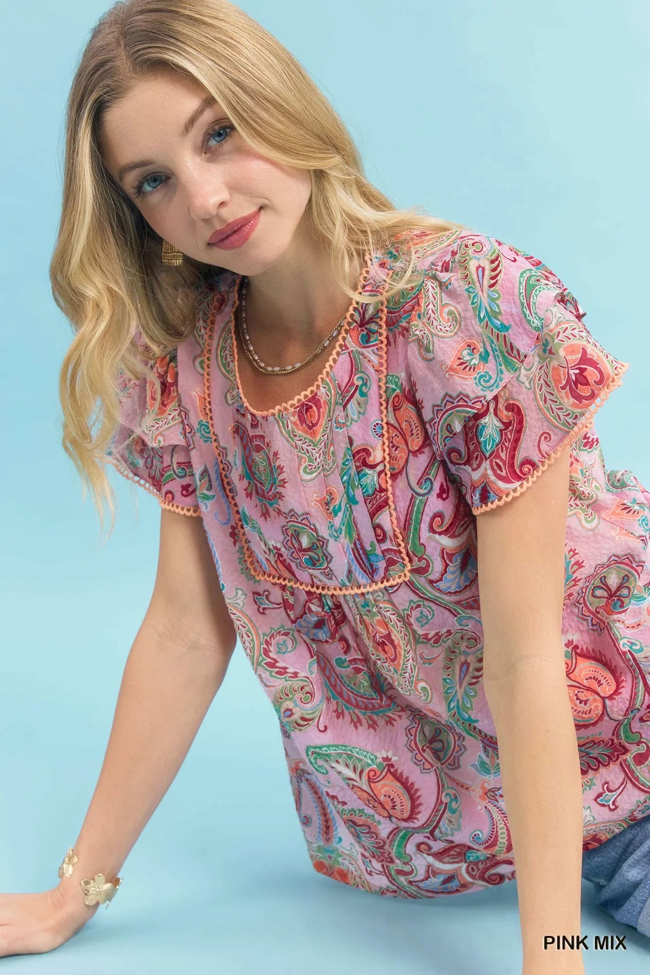 Umgee Mix Paisley Ruffle Sleeve Top