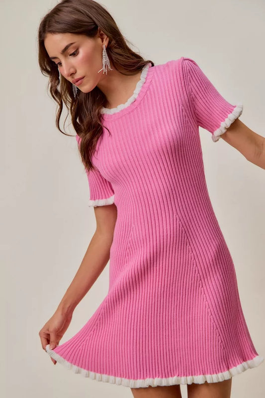 SO ME Contrast Ruffled Sweater Knit Mini Dress