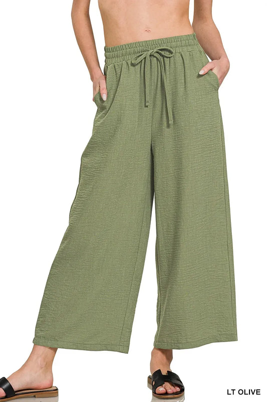 Zenana Woven Crepe Elastic Band Waist Cropped Pants
