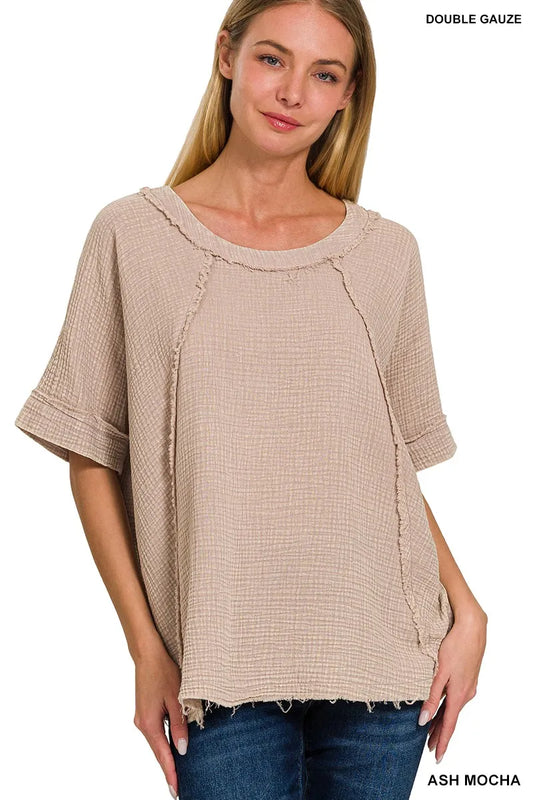 Zenana Washed Double Gauze Exposed Seam Short Sleeve Top