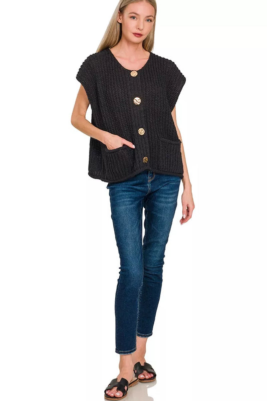 Zenana Button Down Sweater Vest with Front Pockets