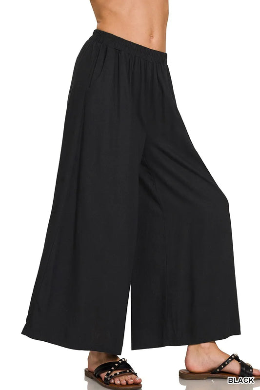 Zenana Woven Pleated Linen Blend Wide Leg Pants