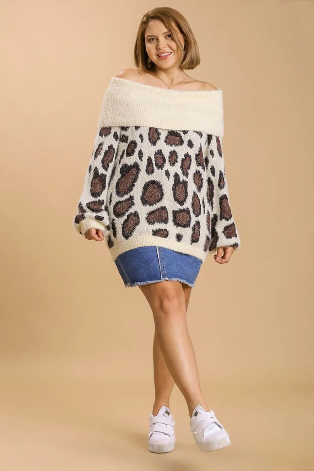 Umgee Full Size Leopard Off-Shoulder Long Sleeve Sweater Plus Size