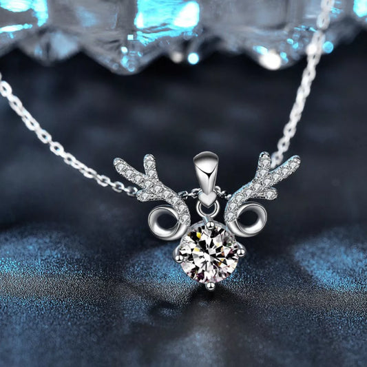 925 Sterling Silver Moissanite Deer Antler Pendant Necklace