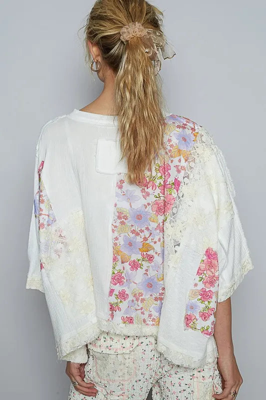 POL Floral Lace Patch Round Neck Double Gauze Top