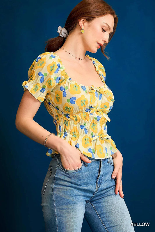 Umgee Floral Smocked Peplum Blouse