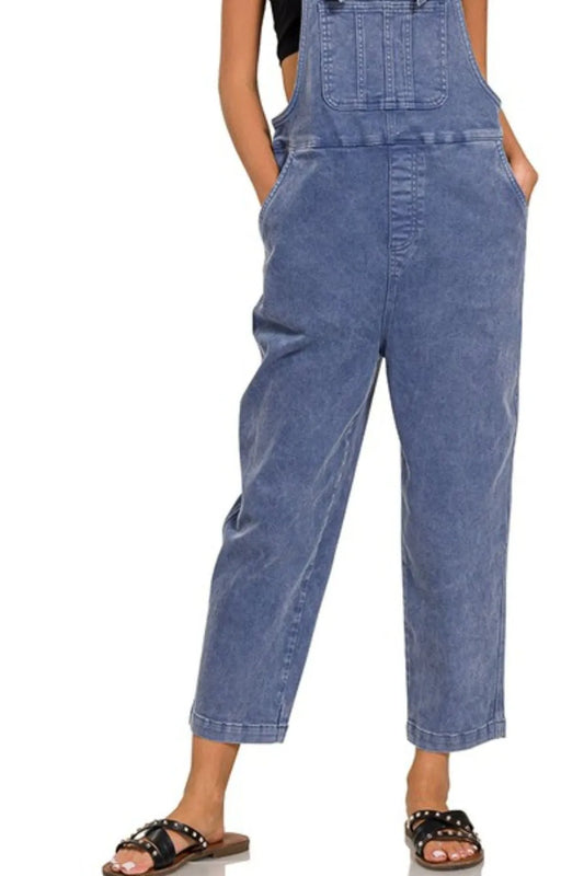 Zenana Washed Knot Strap Relaxed Fit Overalls