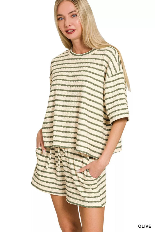 Zenana Striped Short Sleeve Tee & Shorts Set