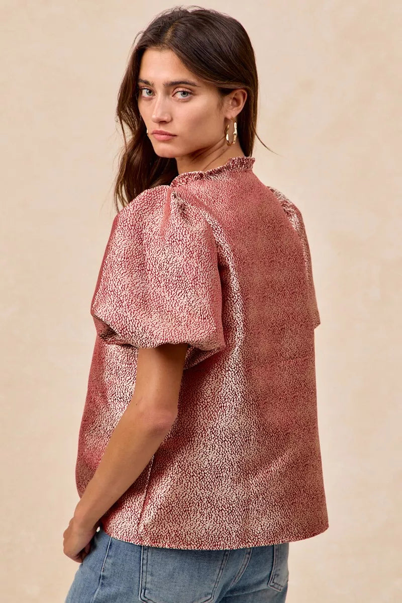 BiBi Jacquard Woven Short Balloon Sleeves V Neck Top