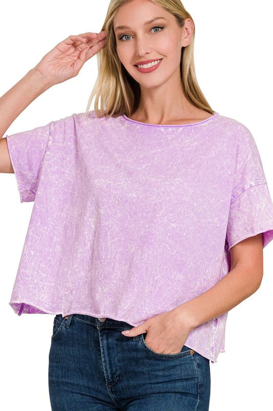 Zenana Washed Crew Neck Short Sleeve Crop Box Tee