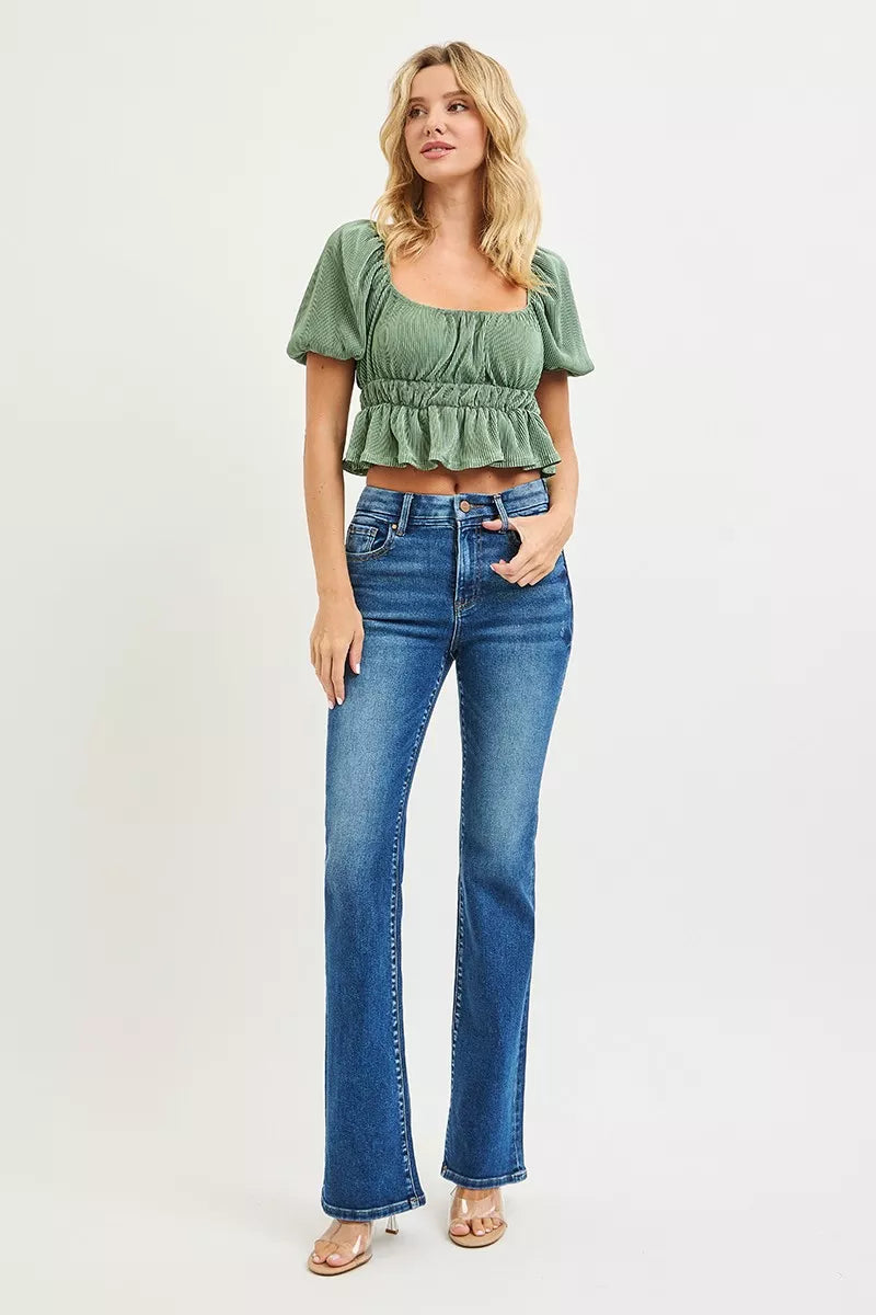 RISEN High Rise Bootcut Jeans With Distressed Details