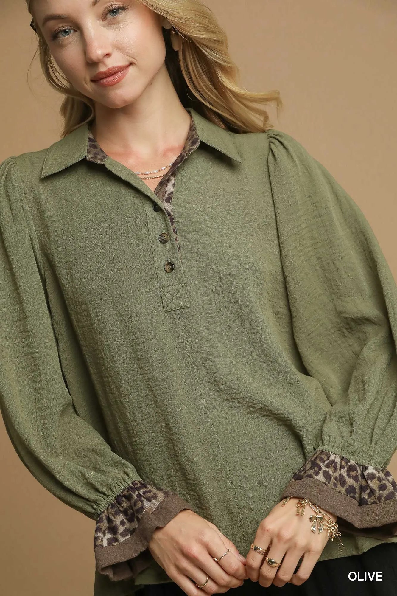 Umgee Half Button Blouse with Leopard Print Trim