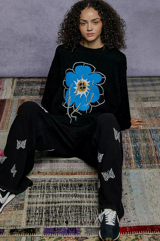 POL Floral Pattern Round Neck Sweater with Exposed Stitching