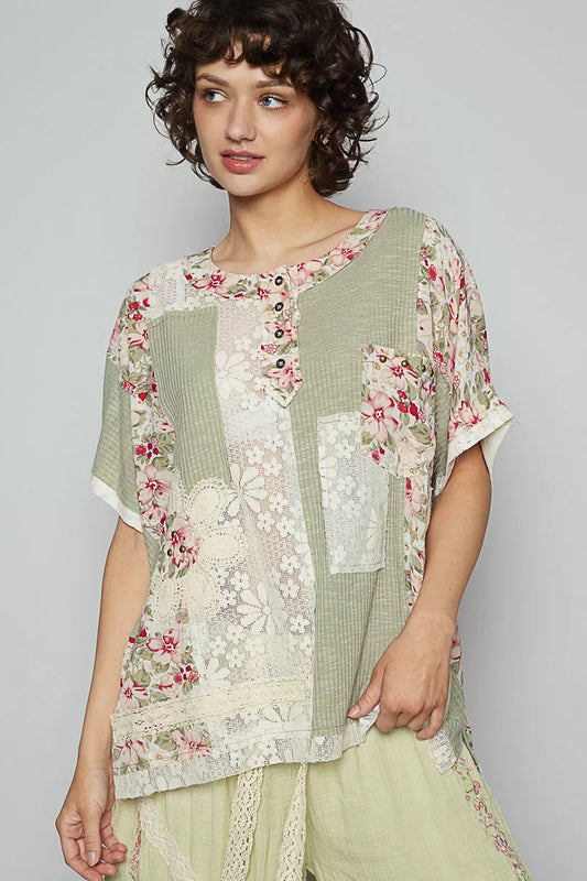 POL Lace Round Neck Short Sleeve Floral Pattern Top with Patch Detail