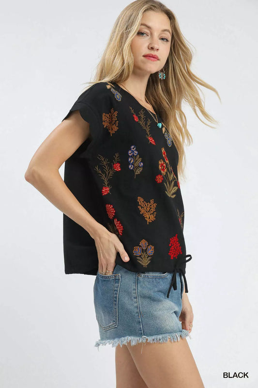 Umgee Embroidered Scallop Sleeve Top with Drawstring Hem
