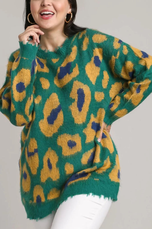 Umgee Full Size Leopard Destroyed Rib Band Sweater Plus Size