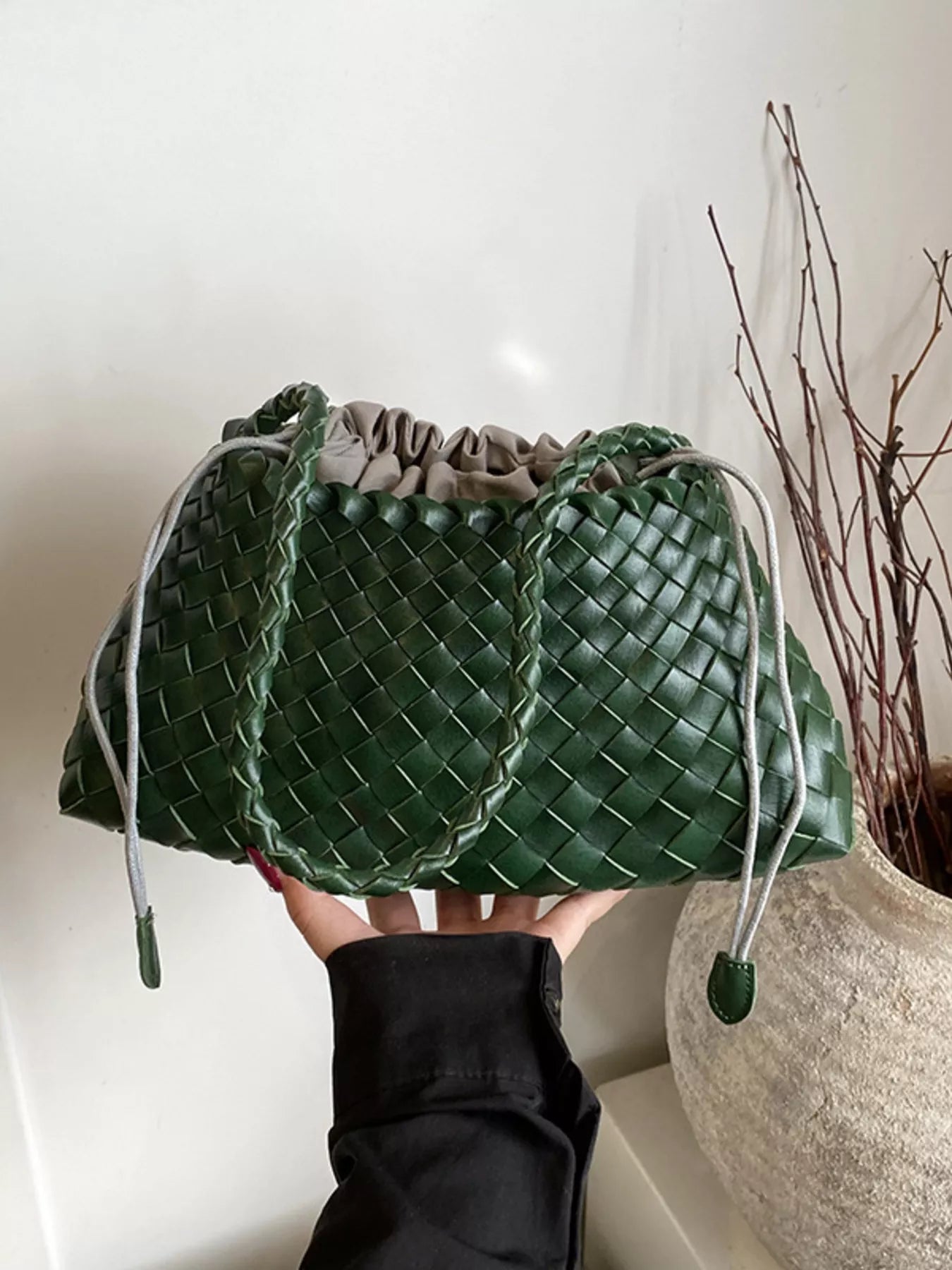 Drawstring Woven Shoulder Bag