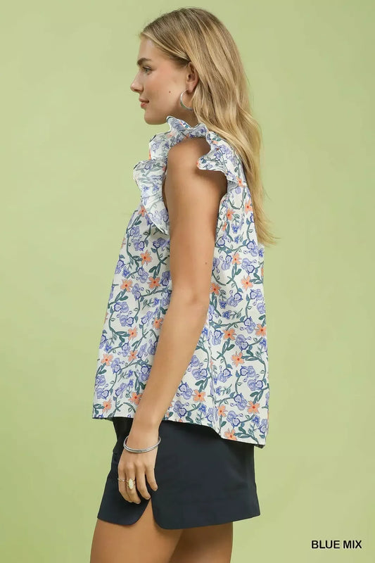 Umgee Floral Print Ruffle Cap Sleeve Shirt