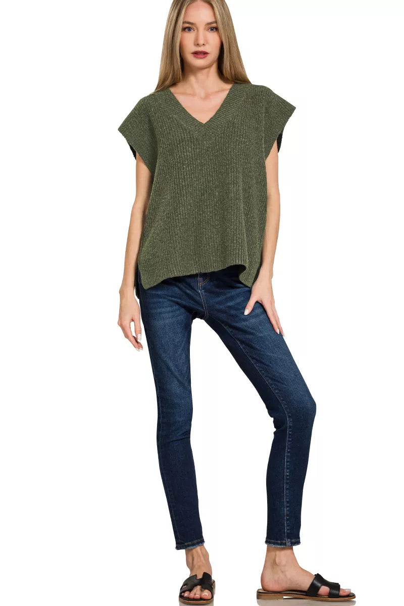 Zenana Ribbed Slit V-Neck Sweater Vest