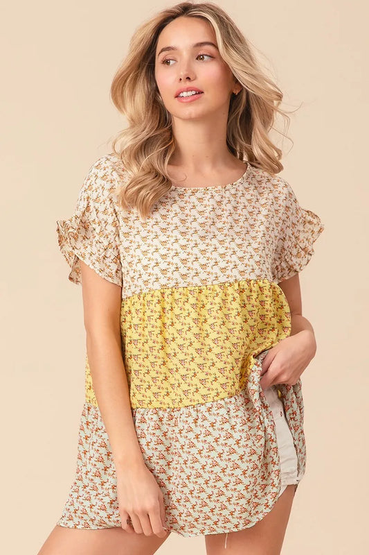BiBi Flroal Printed Woven Color Block and Tiered Top