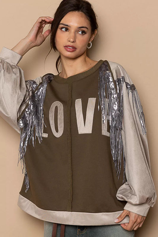 POL Balloon Sleeve French Terry Sweatshirt with Sequin Tassel