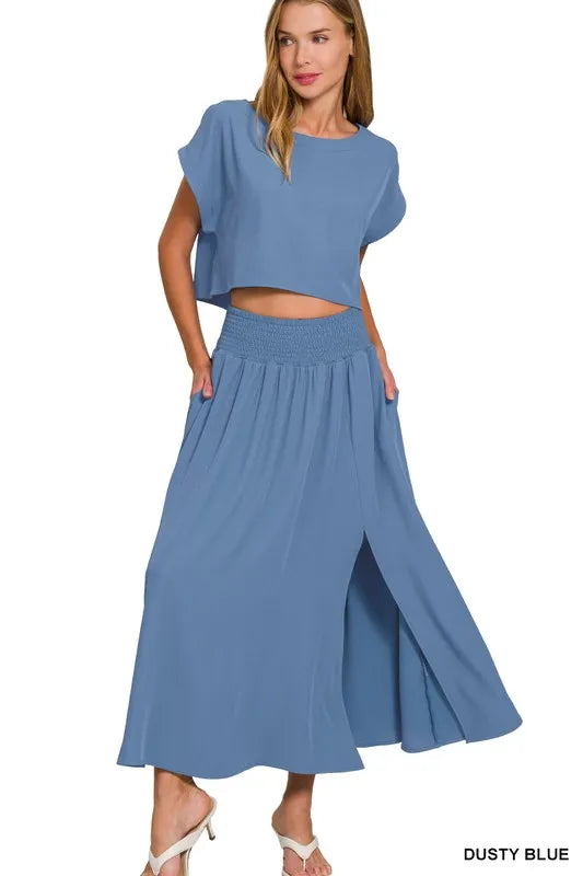 Zenana Woven Crinkle Gauze Crop Tee and Skirt Set