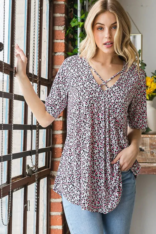 Heimish Full Size Short Sleeve Crisscross Animal Babydoll Top Plus Size