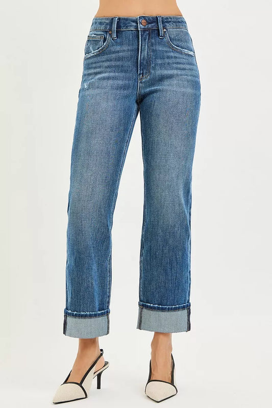 RISEN Full Size 4 Way Stretch Slouchy Straight Jeans with Cuffed Hem Plus Size
