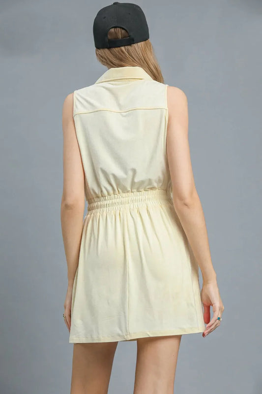 Umgee Zip Front Drawstring Waist Sleeveless Dress