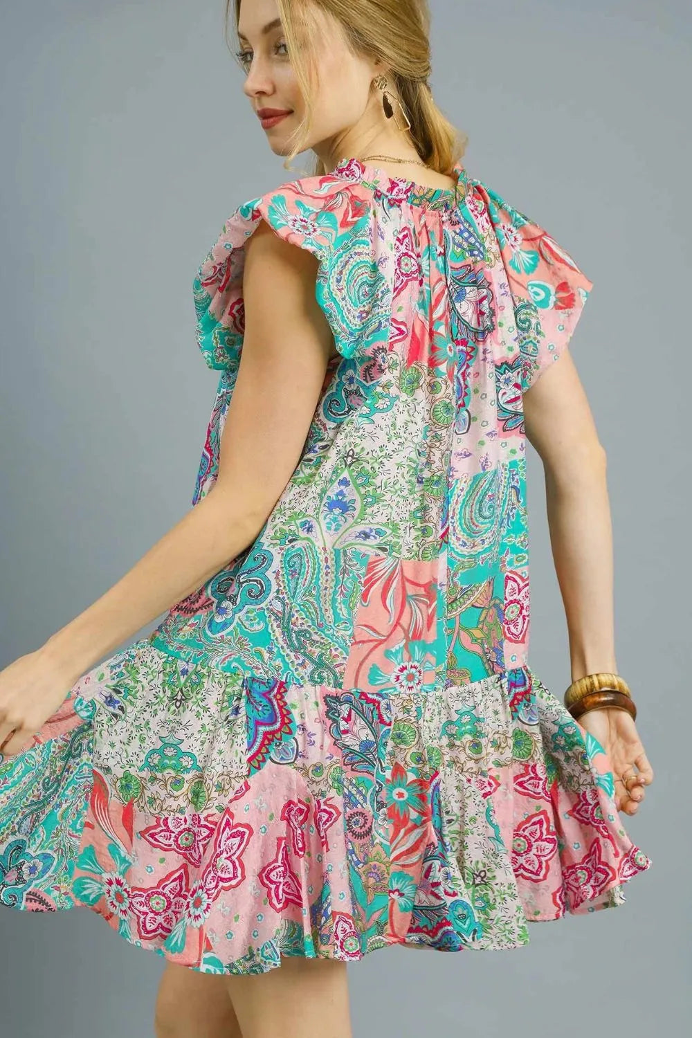 Umgee Printed Ruffle Cap Sleeve Mini Dress