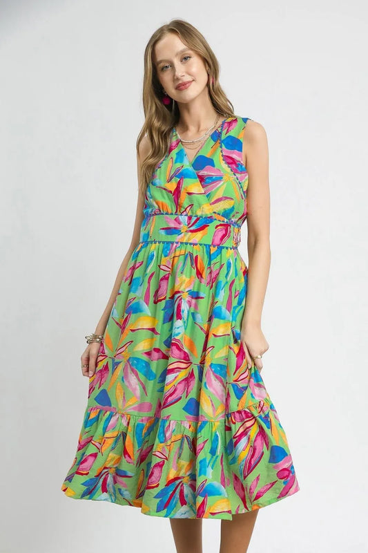 Umgee Ruffled Hem Printed Sleeveless Midi Dress