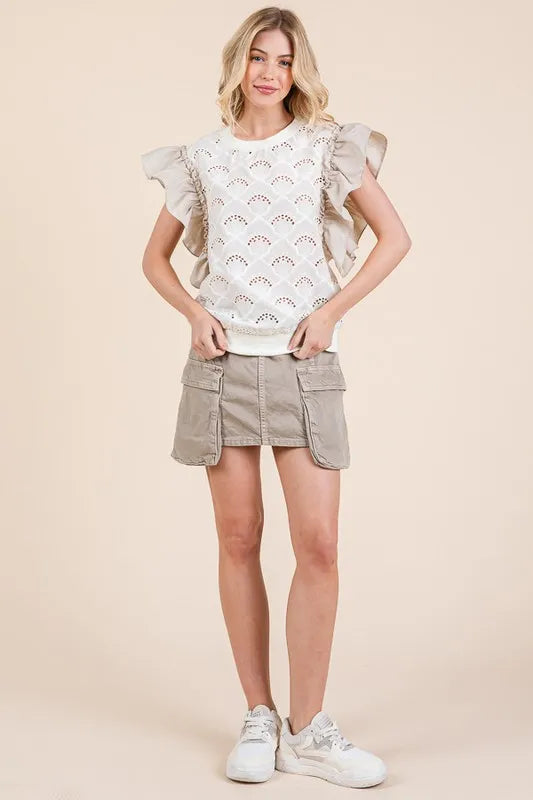 Lime 'N' Chili Ruffle Cap Sleeve Embroidered Eyelet Blouse