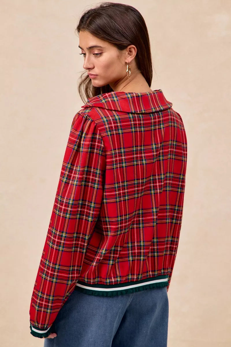BiBi Christmas Plaid Collared Top with Ruffled Detail