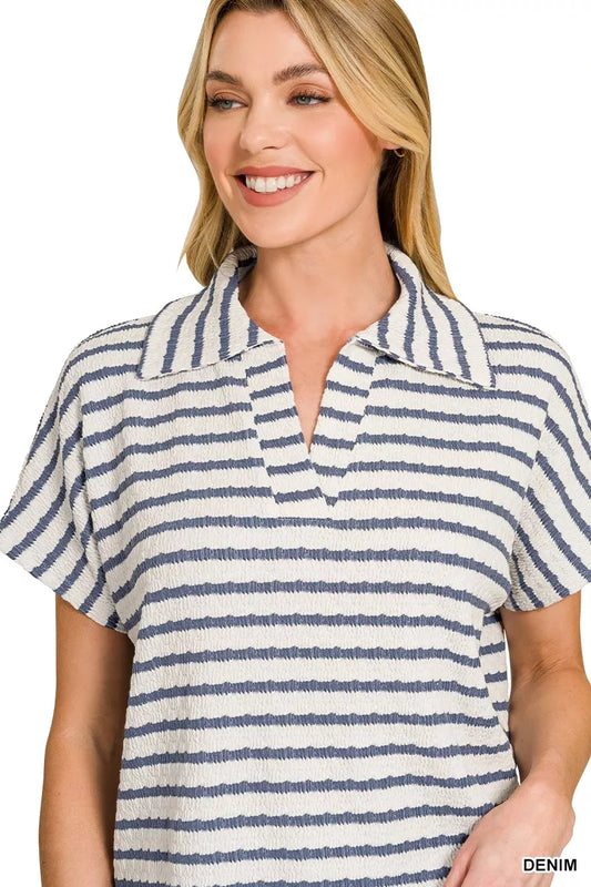 Zenana Striped Split Neck Collared Top