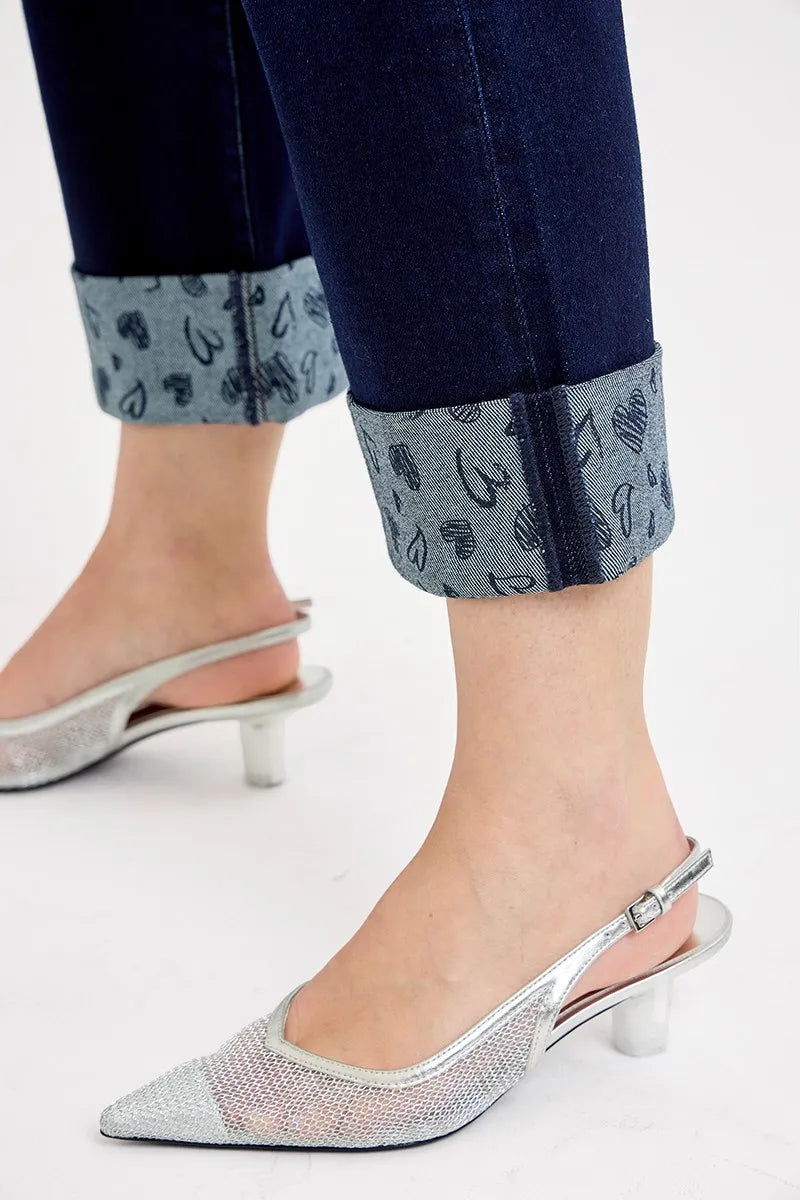RISEN Full Size Mid Rise Fit Crop Wide With Printed Cuff Jeans Plus Size