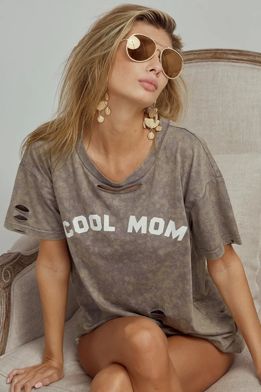 BiBi Washed Laser Cut Detail Cool Mom Print Top