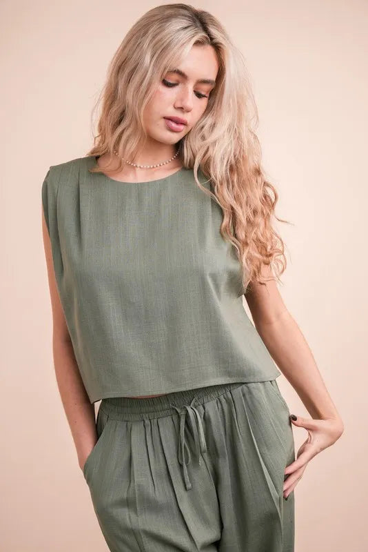 VERY J Solid Woven Top & Pants Set