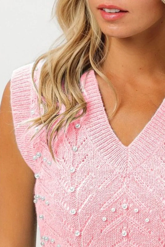 BiBi Chevron Pointelle Pearl Knit Top