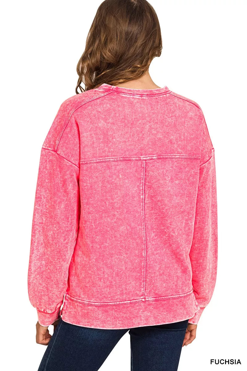 Zenana Acid Wash French Terry Exposed-Seam Pullover