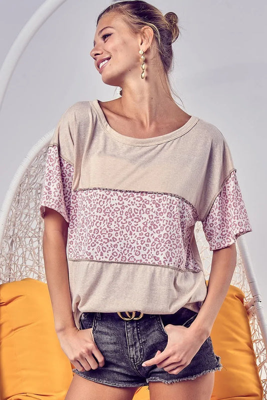 BiBi Triblend Knit with Leopard Block Out Stitching