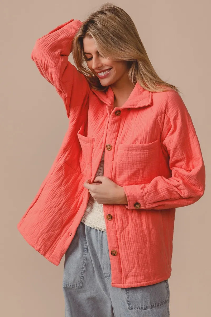 BiBi Quilted Wrinkle Gauze Long Sleeve Shacket